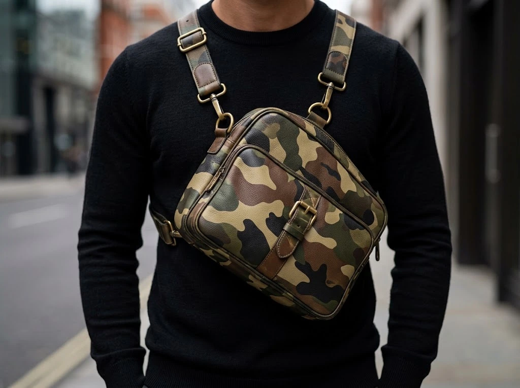 Close-up of a camo print leather crossbody bag highlighting the texture and hardware