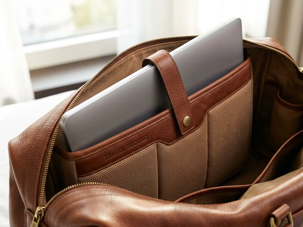 Detailed interior of a travel bag showing a padded laptop sleeve