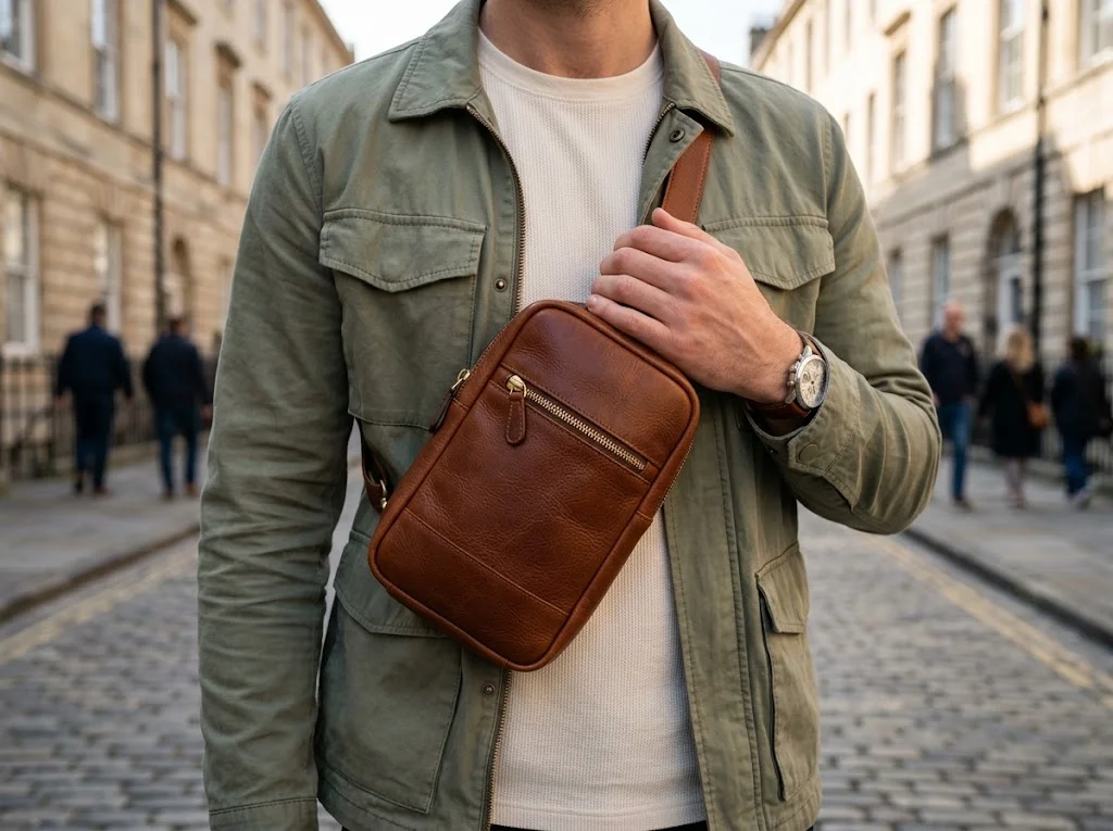 Man wearing a stylish leather crossbody bag worn securely under a jacket