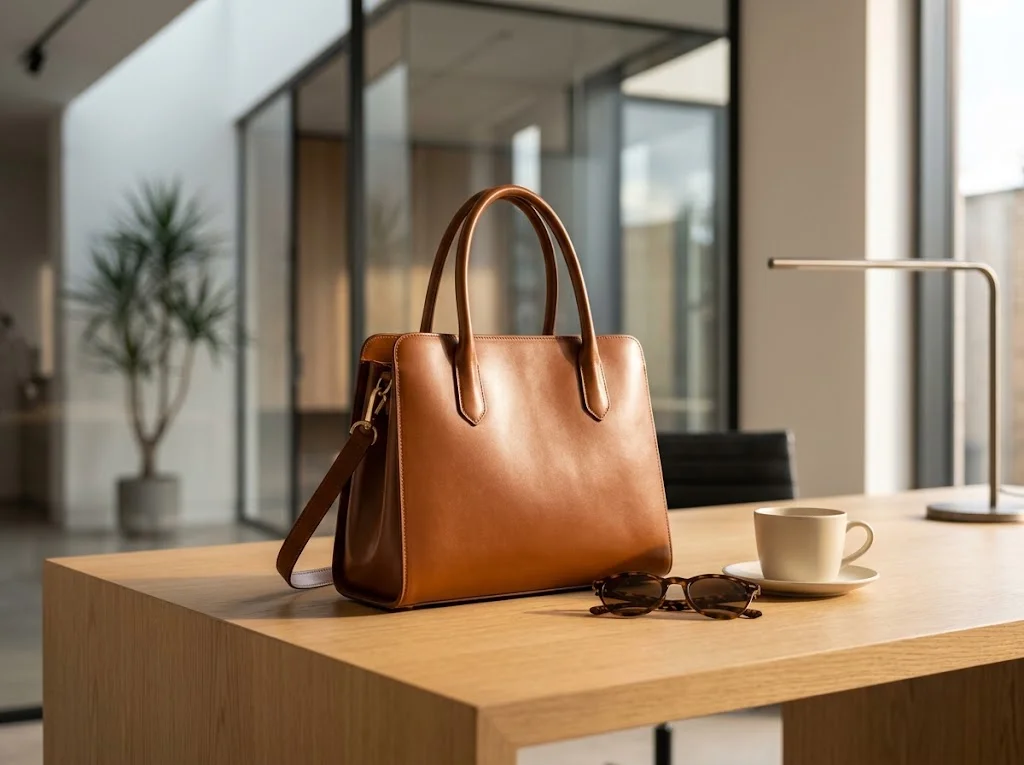 Structured leather shoulder bag sitting upright on an office desk