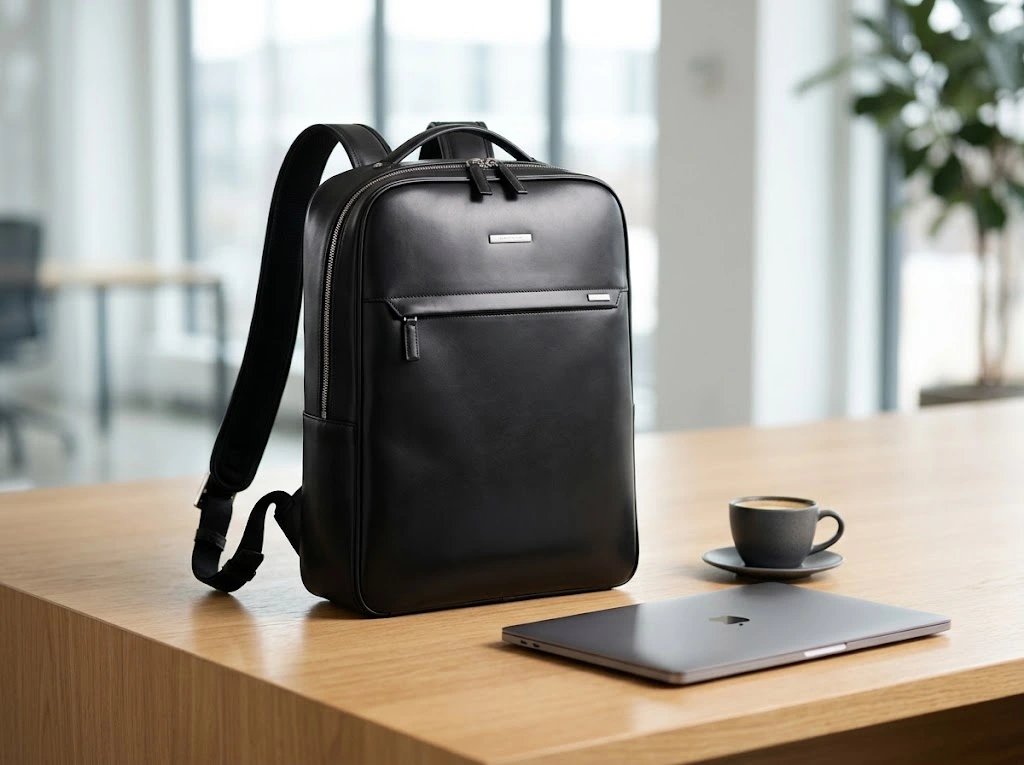Structured black leather backpack on a sleek office desk