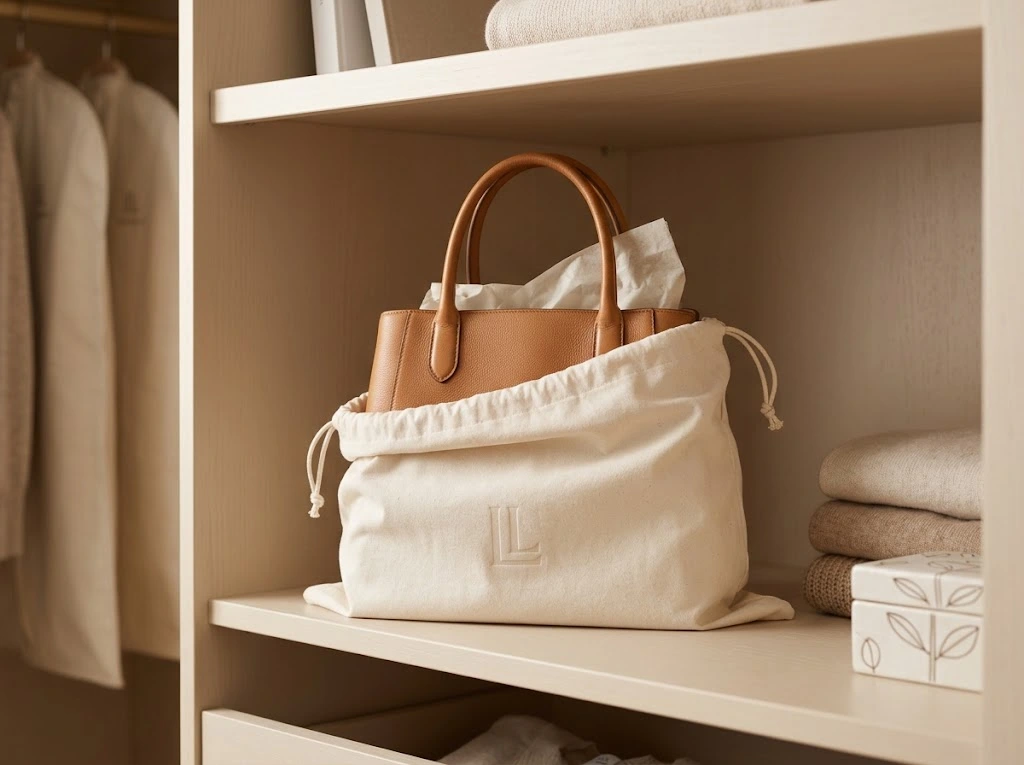 Beautifully organized closet shelf with structured leather bag inside a dust bag