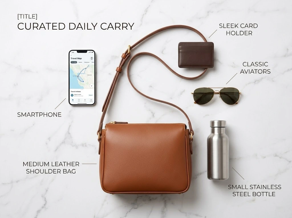 Medium handbag styled flat with daily essentials like a phone and wallet