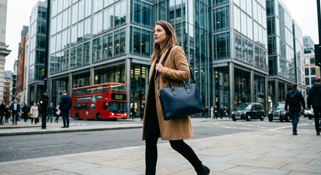 A candid street-style shot of an everyday working woman in her late 20s wearing a tailored trench coat and black trousers, walking briskly past a modern glass office building in London, carrying an elegant structured dark navy leather laptop shoulder bag.