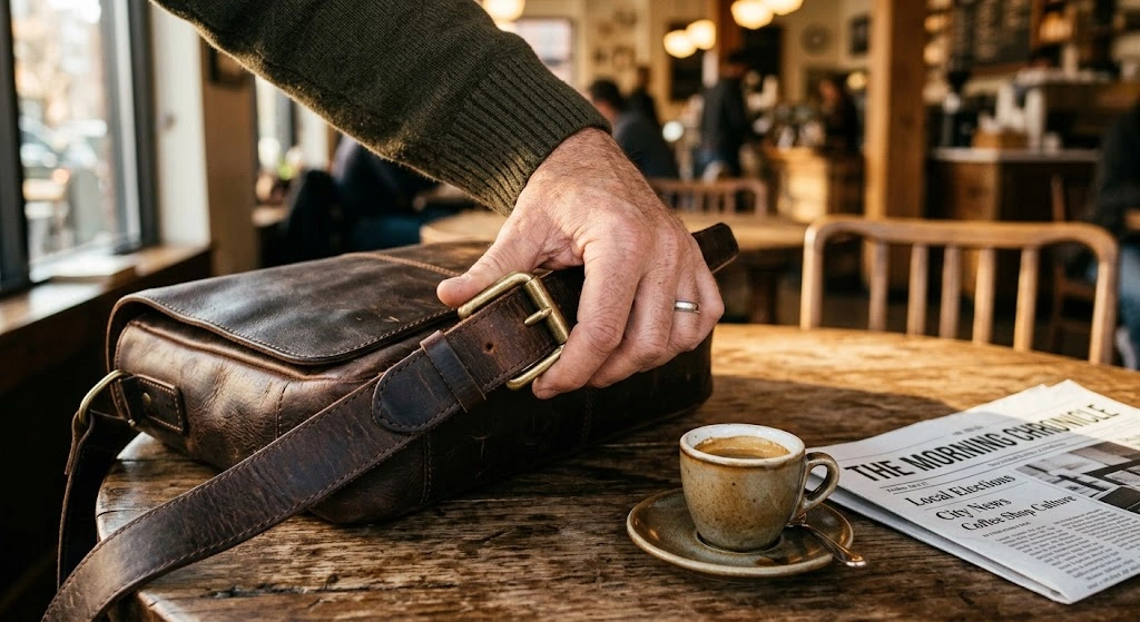 Close up of a man's hand adjusting the brass buckle on a premium dark brown leather messenger bag.