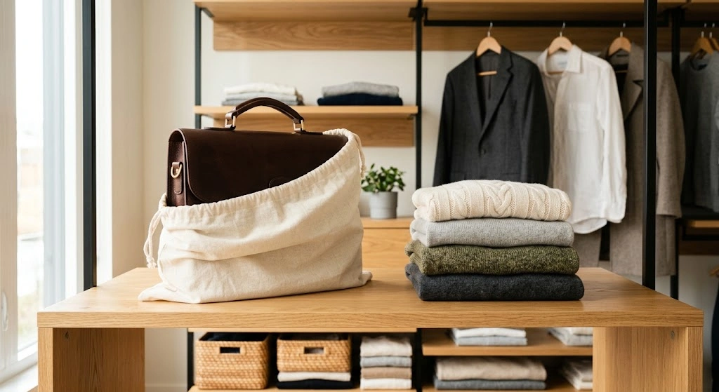 Structured leather work bag stored upright inside a breathable cotton dust bag on a wooden wardrobe shelf.