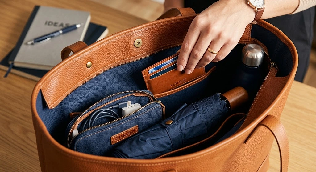 Close up of a well-organized bag interior showing categorized zip pouches and work essentials.