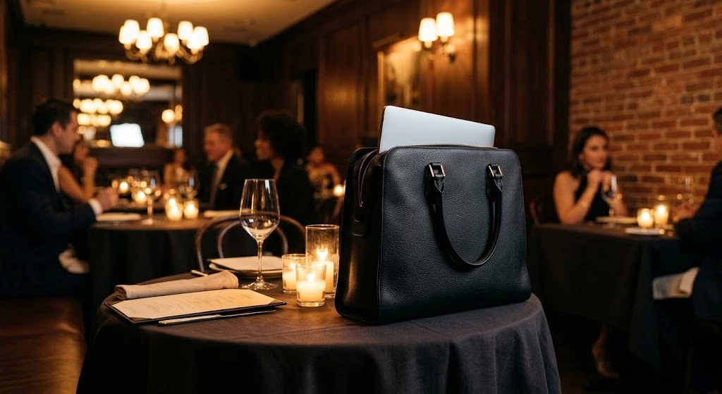 Structured black leather bag sitting beautifully on a candlelit restaurant table.